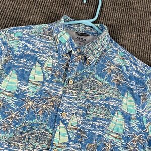 IZOD Saltwater Shirt Mens Medium Blue Hawaiian Short Sleeve Button Up Casual